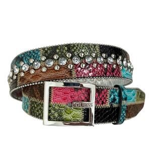 GUESS Patchwork Rhinestone Statement Belt Multicolor Faux Snakeskin 36-37